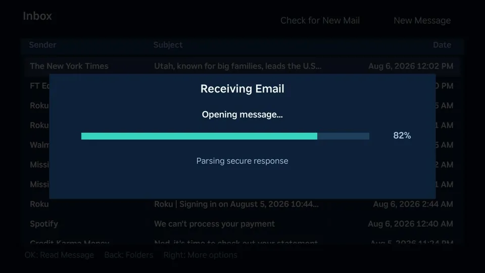 Email App receiving a message with progress indicator