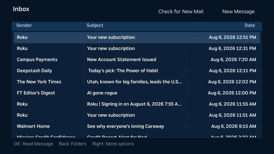 Email App inbox showing sender, subject and date columns